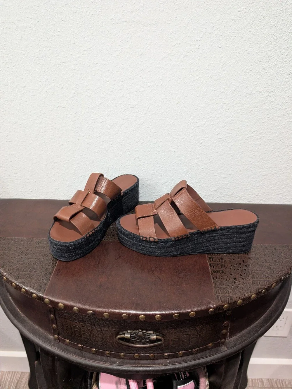 Vince Mahogany Leather Espadrille Platform Wedge Slide Sandals - Size 9M